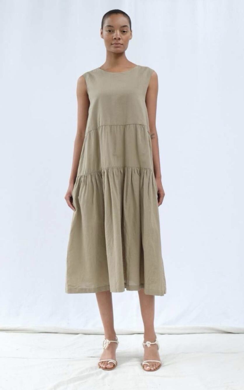 Micaela Greg Cleo Dress Olive Khaki Cotton Linen Tiered Lagenlook Medium O21